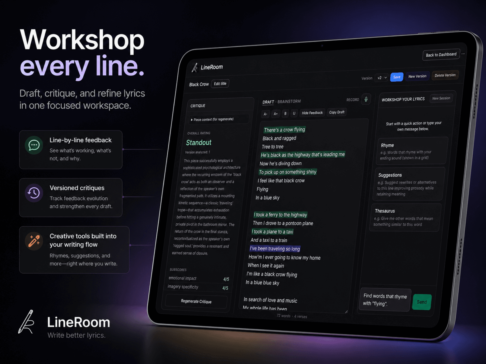 LineRoom workspace on tablet, with line-by-line critique and lyric workshop tools